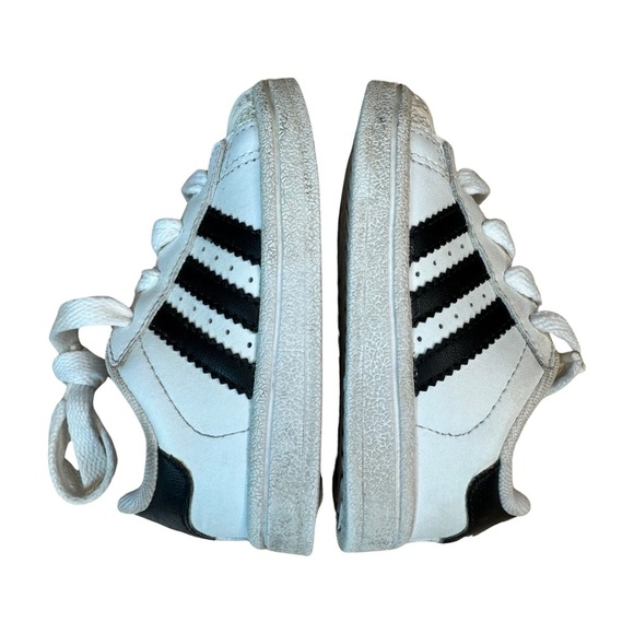 ADIDAS Baby Toddler 4K Superstar 3 Stripe Leather Sneakers White With Navy Blue - Picture 8 of 15